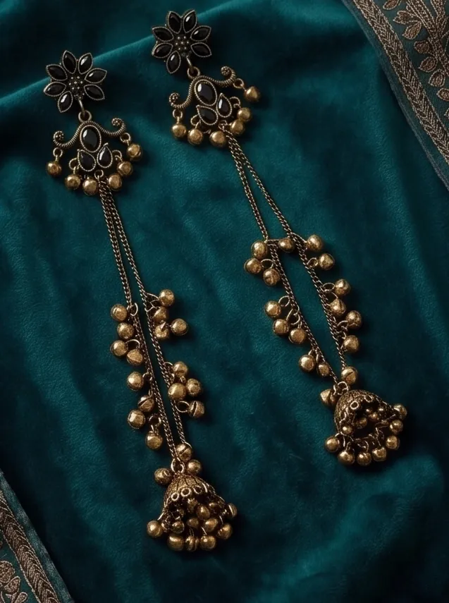 Black Floral Statement Chain Jhumkas